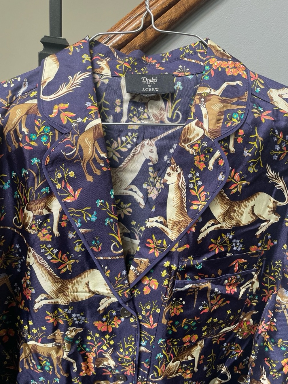 J. Crew Navy Floral & Horse Print Silk Top